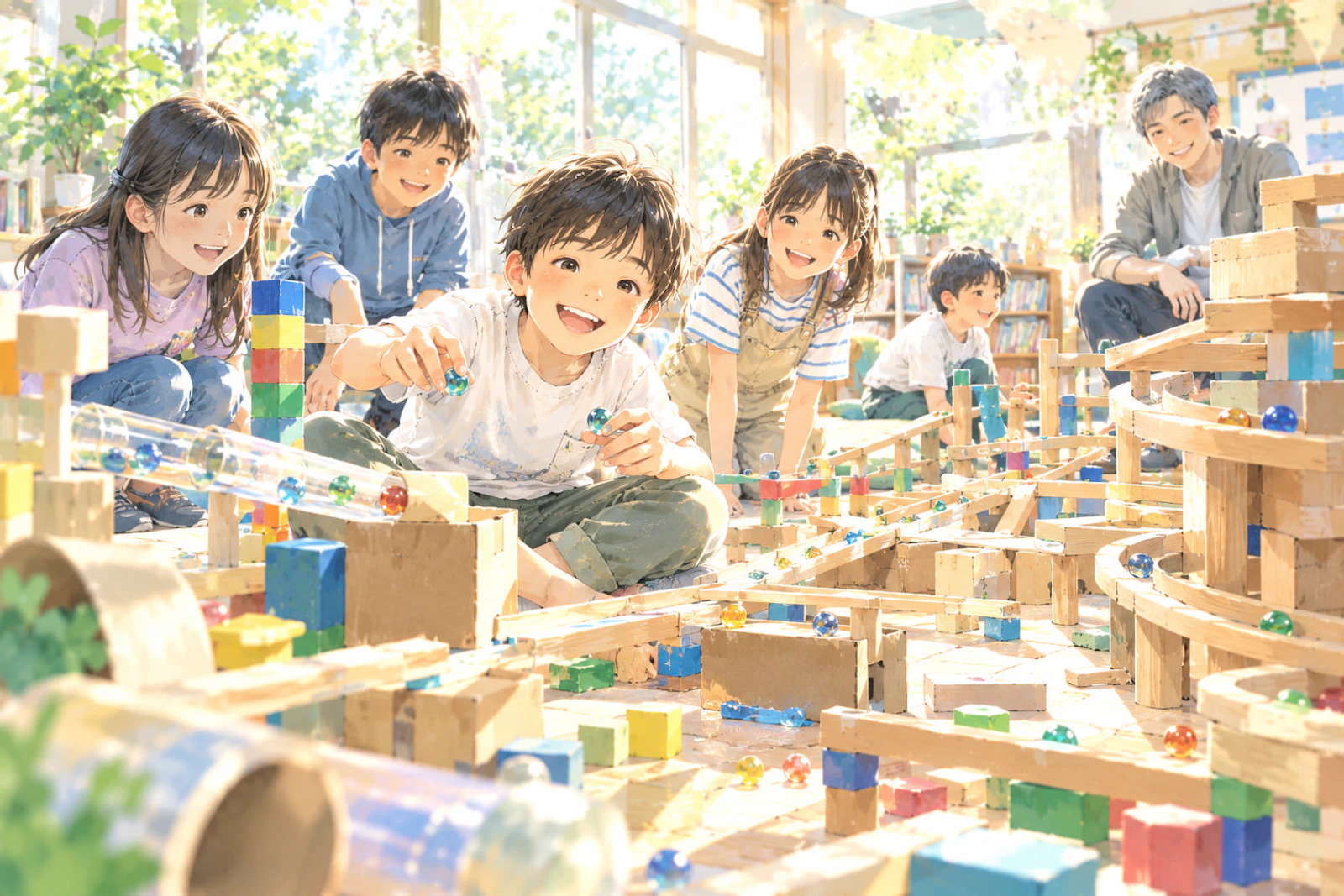 木製ブロックと段ボールで作られた巨大なビー玉転がしで笑顔で遊ぶ子どもたち