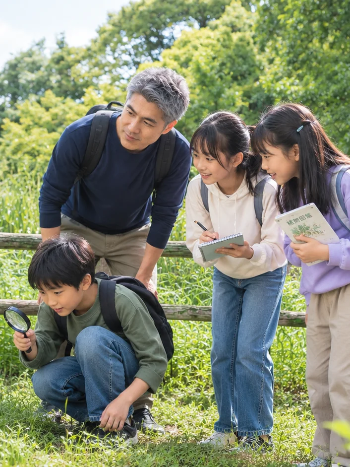 公園で植物観察の看板を囲んで観察するスタッフと子どもたち