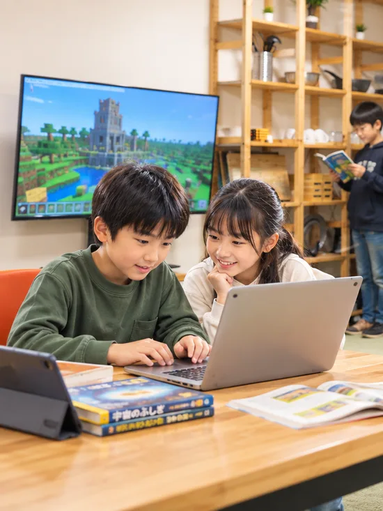 ノートパソコンや工作に取り組む子どもたち