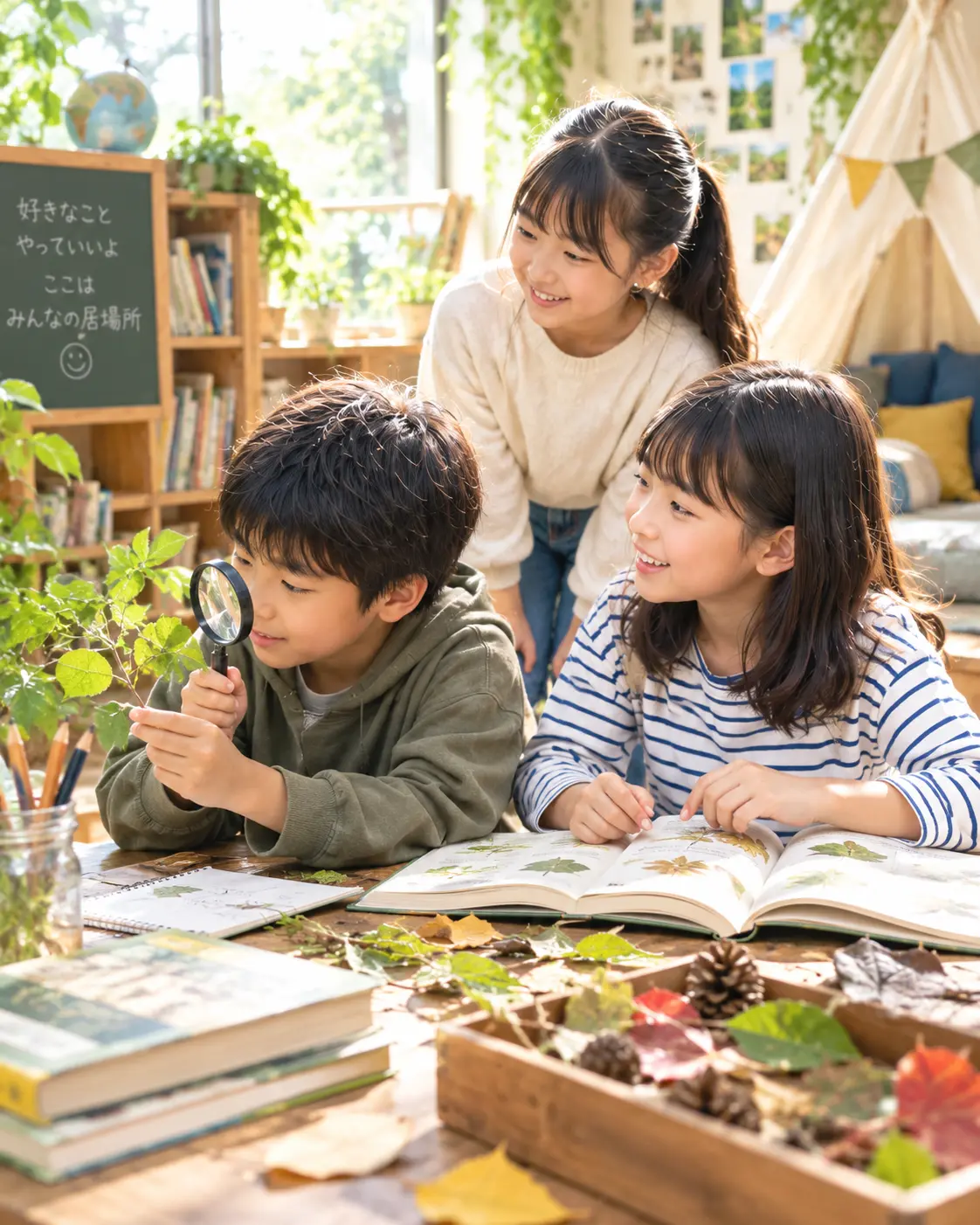 図鑑を広げた机で、虫めがねで葉っぱを観察する子どもたち