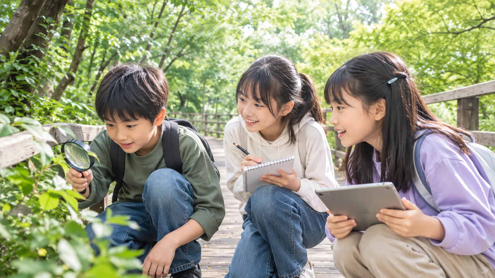 森の遊歩道で虫めがねやノートを手に観察する子どもたち